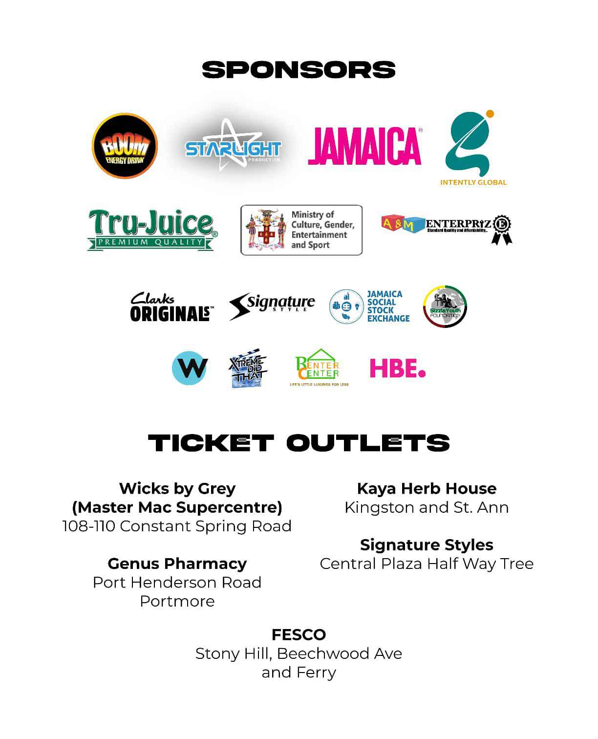 Sponsors and ticket outlets for Sizzla Kalonji 30 Year Celebration